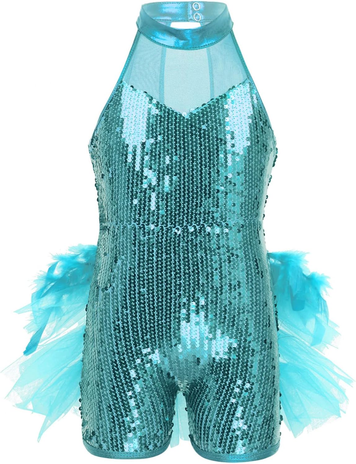 JEATHA Kids Girls Sleeveless Mock Neck Shiny Sequins Mesh Splice Leotard Ballet Jazz Latin Dance Costumes