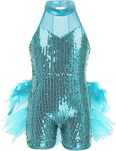 JEATHA Leotardo de malla con lentejuelas brillantes y cuello alto falso para niñas y niñas, para ballet, jazz, danza latina