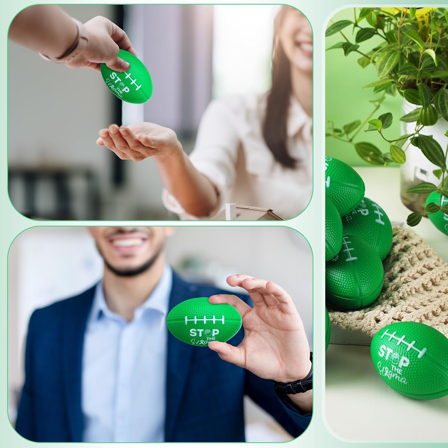 Wettarn 24 Pcs Big Mental Health Awareness Football Stress Balls Stop The Stigma Foam Green Football Bulk Stress Relief Fidget Balls for Mental Health Gifts Sports Party Favors