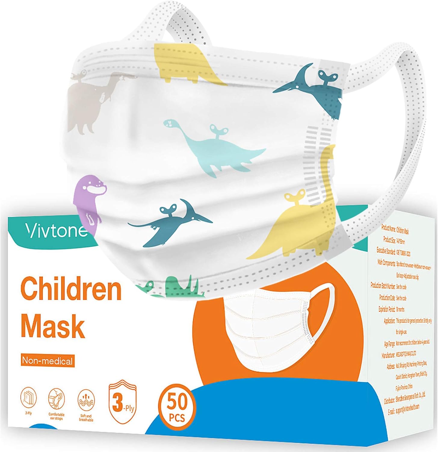 Vivtone Kids Face Mask, 50PCS Children Mask for School and Daily Use, Wide Strap Mask, 3-Ply, Cute Dinosaur Printing