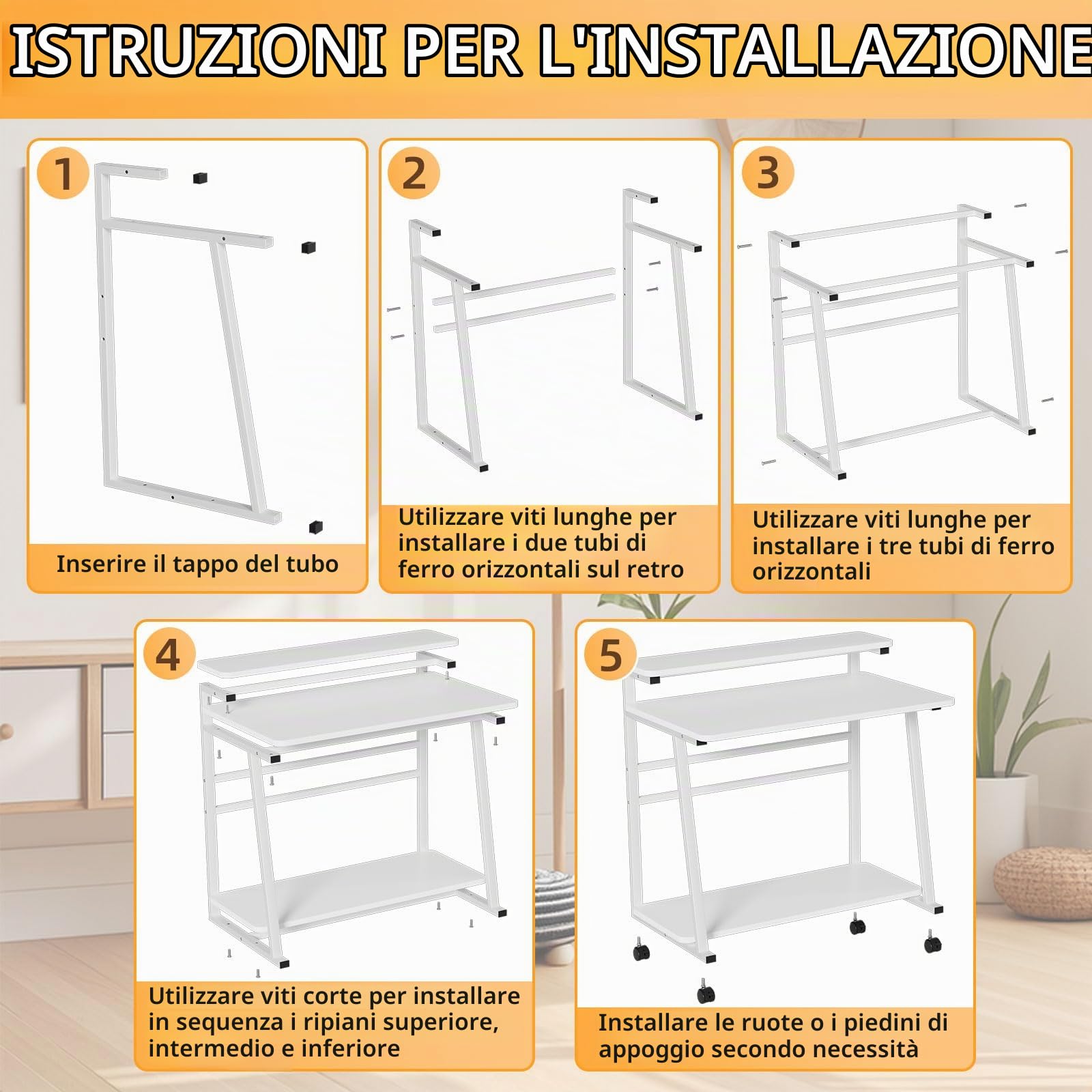 Scrivania per Computer con 4 Ruote Tavolo Porta PC Con spazio di archiviazione Scrivania per Computer Scrivania Ufficio Portatile Facile da Montare per Casa Ufficio Studio 80x50x90CM (Bianco)