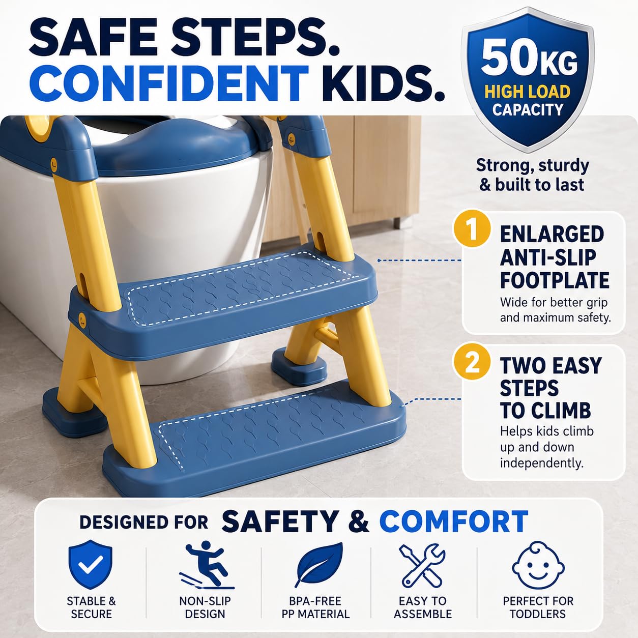 Kids Potty Training Toilet Seat with Step Stool Ladder, Bear Design, Adjustable Height, Non-Slip Steps, Soft PVC Cushion Seat with Handles (A-Pink)