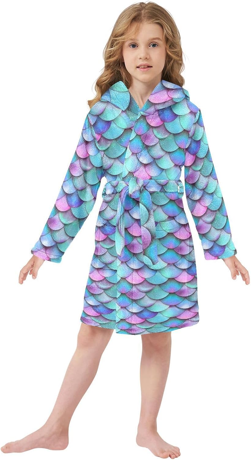 senya Beautiful Fish Scales A Toddler Hooded Bathrobe Kids Soft Plush Bath Towel Robes for Boys Girls 2-12 Years