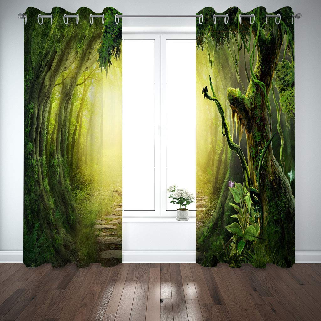 Cortinas Niño Niña Habitacion Opacas Con Ojales 2 Piezas 3D Sendero Del Bosque Verde Patrón 264X214Cm（An X Al）Cortinas Termicas Aislantes Frio Y Calor Salón Dormitorio Ventana Decoración Hogar