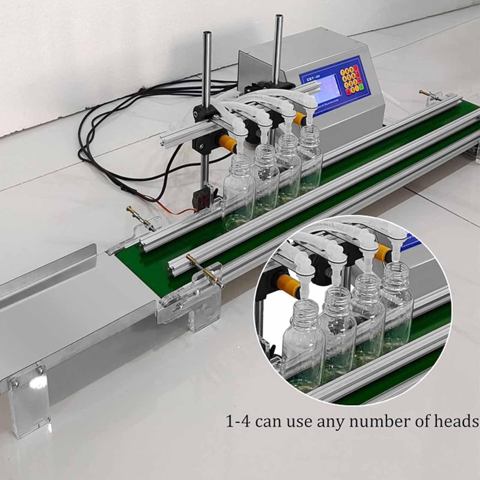 Riempitrice Automatica Liquidi a 4 Teste,150 W,Riempitrice per Bottiglie 10-500 Ml con Nastro Trasportatore, velocità Regolabile per Vino/Bevande/Cosmetici, Mini Linea Produzione,4H1200