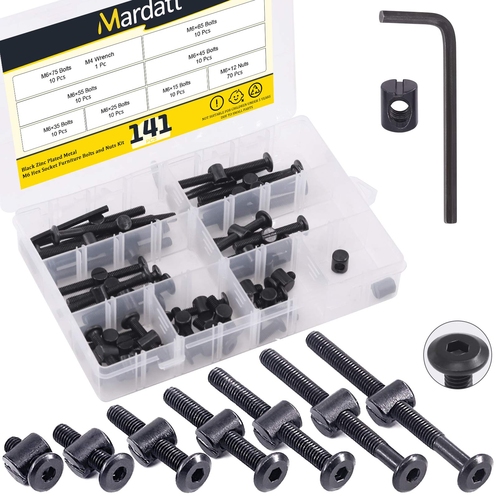 140Pcs M6 Crib Screws Hardware Replacement Kit Black Hex Socket Cap Bolts Crib Bolts and Barrel Nuts Cross Dowel Assortment Kit M6x15/25/35/45/55/65/75mm for Furniture