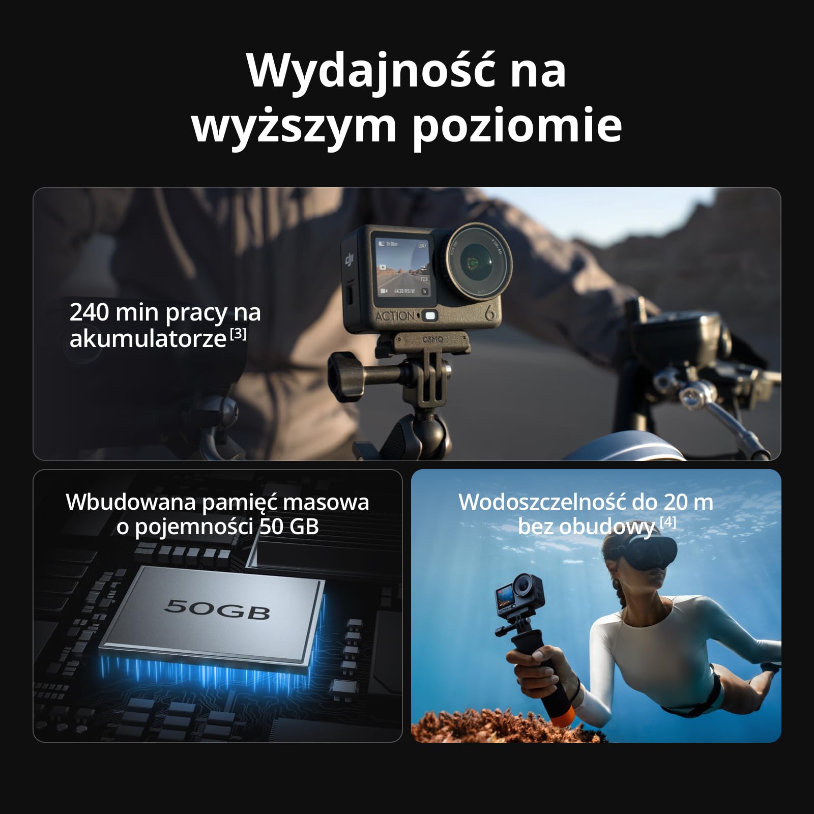 DJI Osmo Action 6 Capture More Combo, kamera sportowa 8K do różnych scenariuszy | 1/1.1″ Square Sensor, f/2.0–f/4.0 Variable Aperture, Cold-Resistant Design, 4hrs Battery, With 1.5m Extension Rod