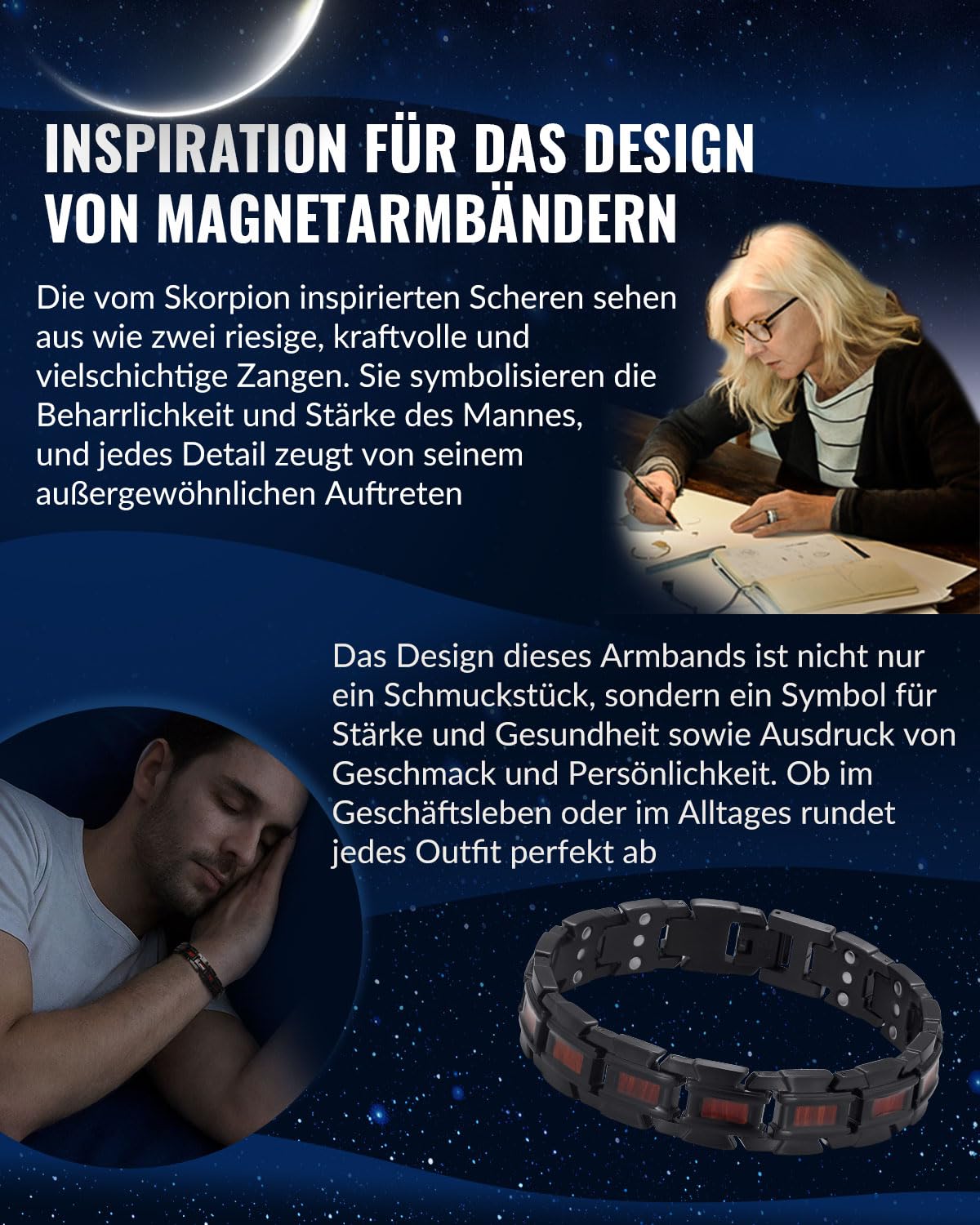 RainSo Herren Magnetarmband,Scorpion Zange Dreireihiges magnetisches Armband aus Holz und Edelstahl,Wird mit einem Werkzeug zum Entfernen von Gliedern und einer Schmuckgeschenkbox (schwarz und rot)