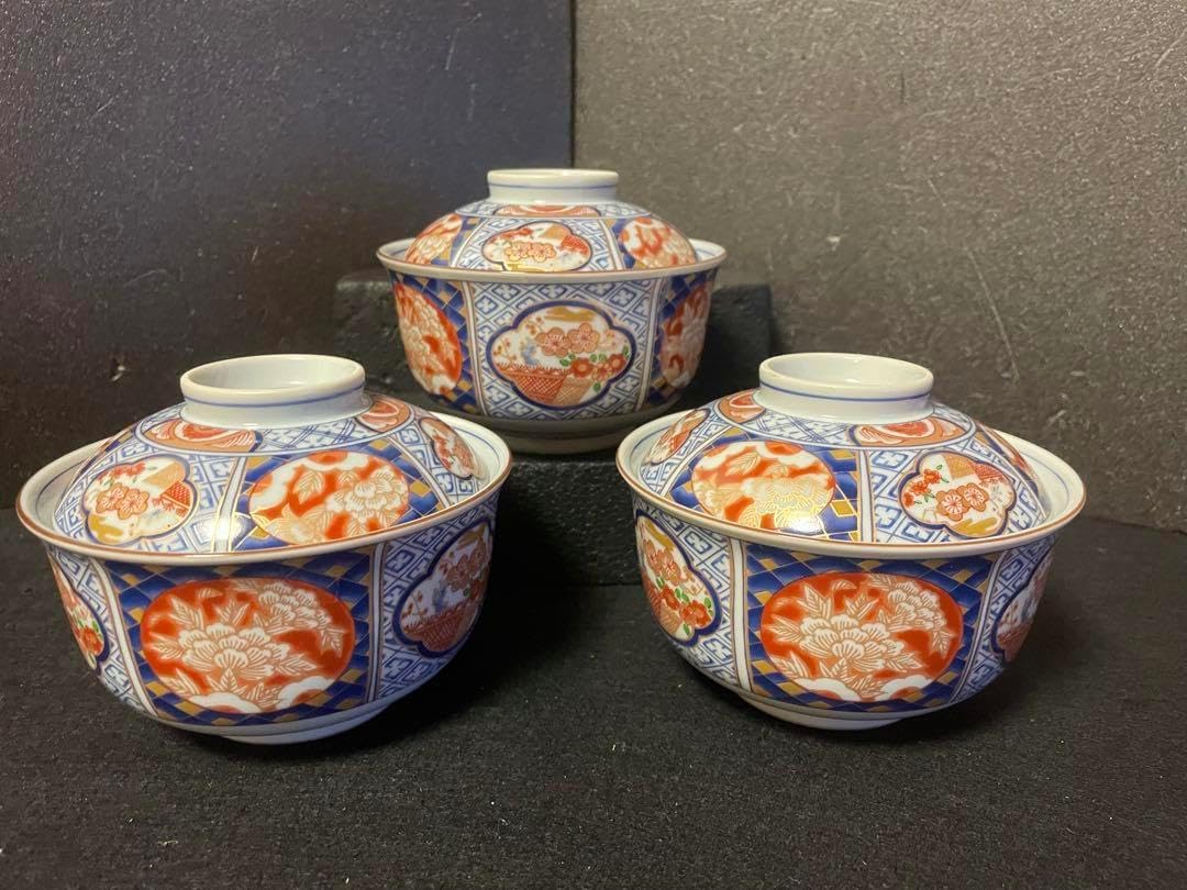 古伊万里】どんぶり 丼 三揃い 三ツ鉢 赤絵 金彩 染付 骨董品 2025