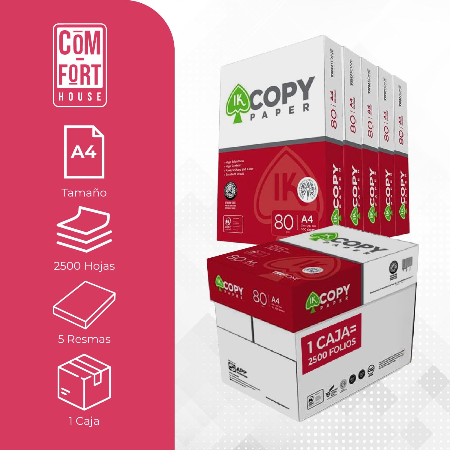 Folios A4 80gr Copy Paper, Caja con 5 Paquetes de 500 Hojas (2.500 folios), Papel Multifunción para Impresora Inkjet y Láser, DIN A4 210x297mm Ideales para Oficina y Hogar - COMFORT HOUSE