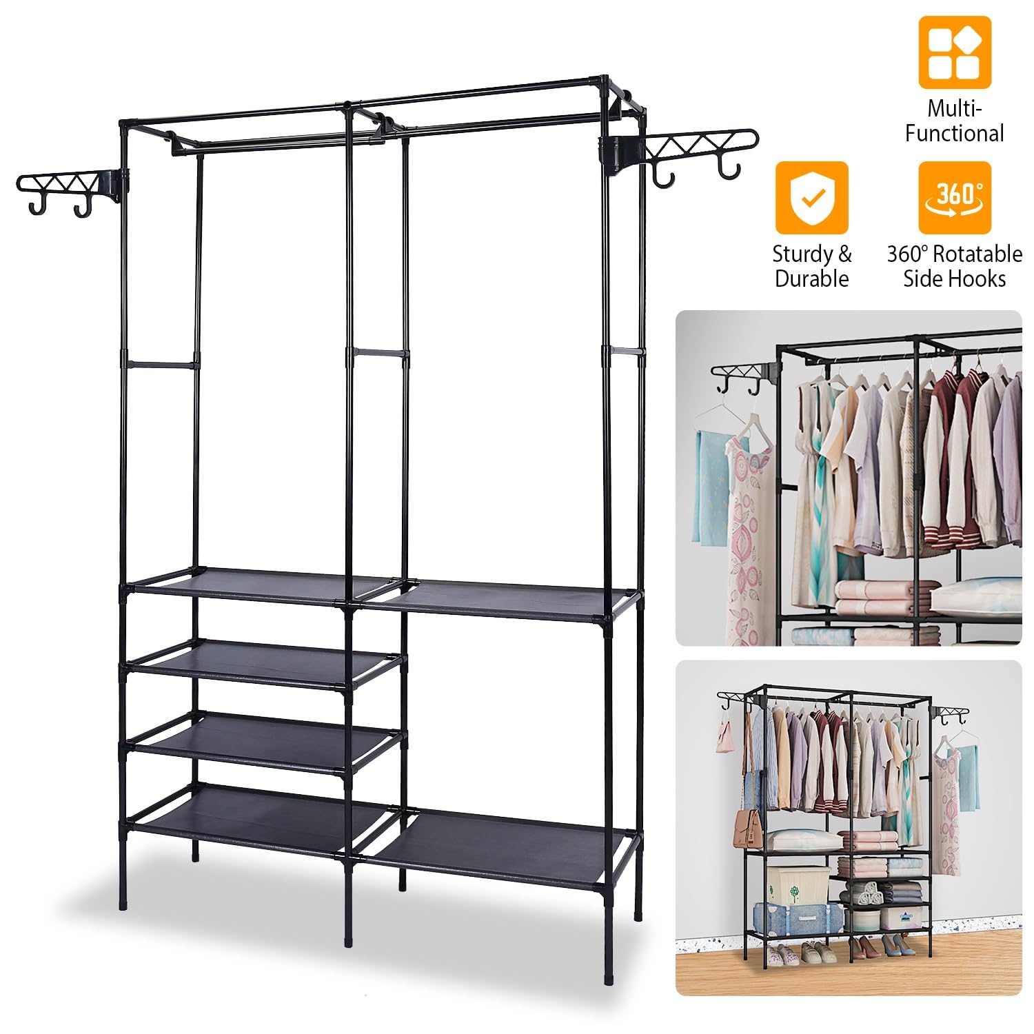TeqHome Garment Rack, 42" Freestanding Clothes Rack, Metal Garment Rack Shoe Clothing Organizer Shelves Freestanding Multifunctional Clothes Wardrobe, Black