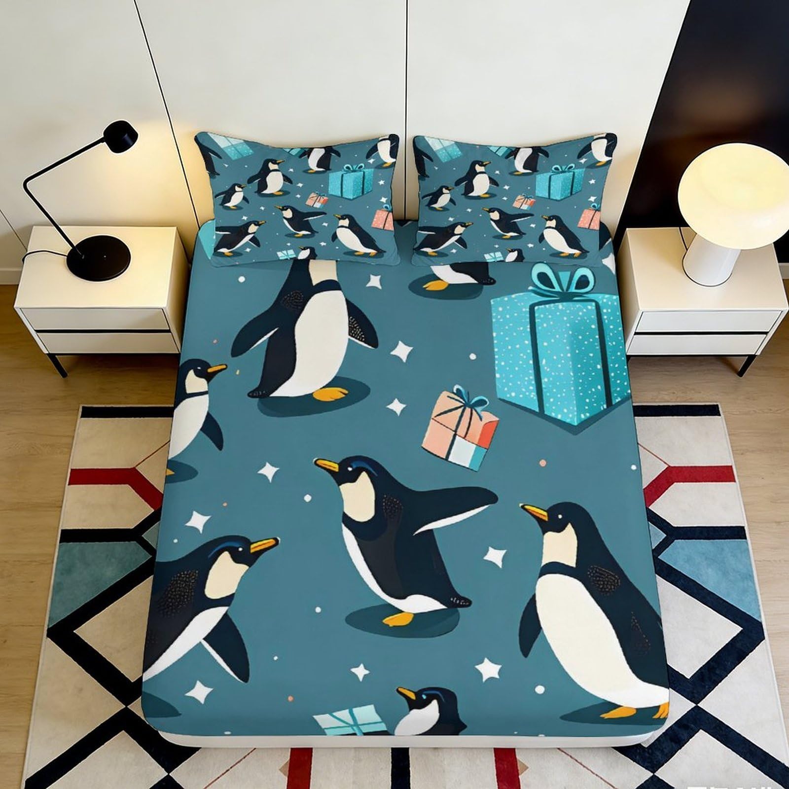 Dhbaneiok Style-1 3D Printed Penguin Pattern Fitted Sheet Microfiber Soft Breathable Gift Box Bed Sheet For Bedroom Dorm Decor 90X200x25cm