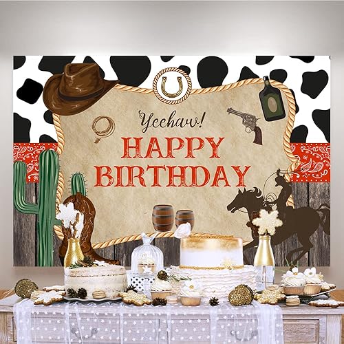 Miniatura 2 de Fondo de vaquero de feliz cumpleaños, bandana roja occidental y botas de madera rústica, sombrero de fotografía temática de rodeo para niños, fondo