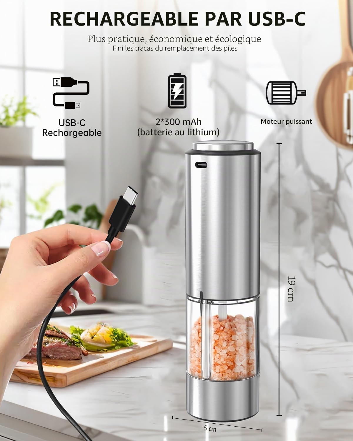 Moulin à Poivre Électrique en Acier Inoxydable Rechargeable 95ml avec Lumière LED Blanche