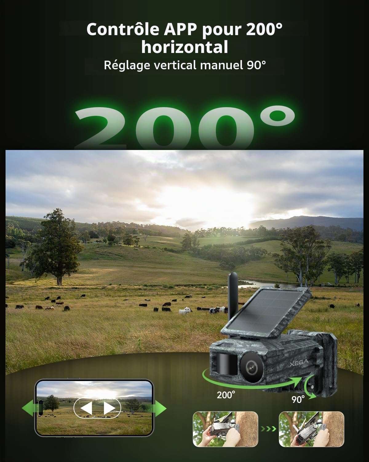 Xega 4G Caméra Extérieure Solaire avec Carte SIM et 2 Panneaux,sans WiFi