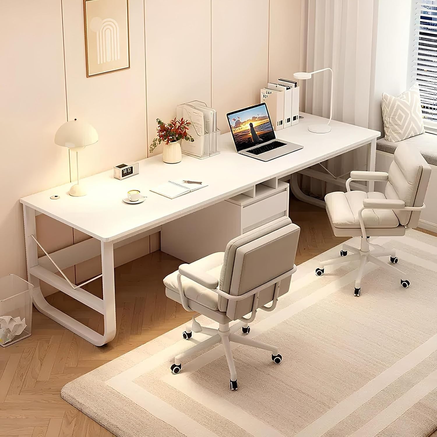 Scrivania per computer, in legno, moderna, doppia scrivania da ufficio, doppia postazione di lavoro con cassetti, scrivania per computer extra lunga per casa e ufficio, bianco, 200 cm