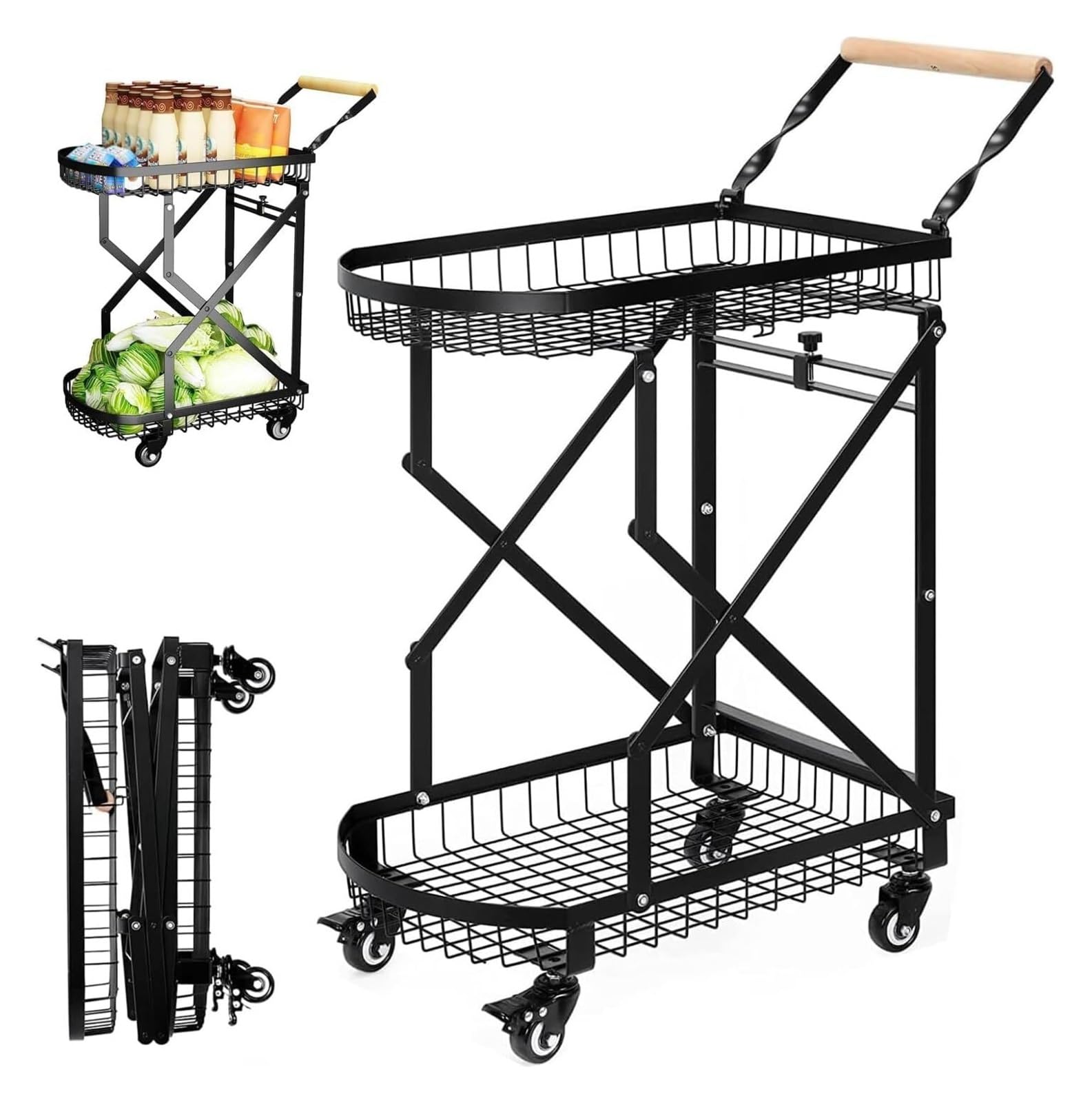 Carrello portaoggetti, carrello pieghevole a 2 ripiani con ruote girevoli a 360°, carrello mobile multifunzionale for campeggio, shopping, viaggi, giardino, carrello portaoggetti facile da riporre.