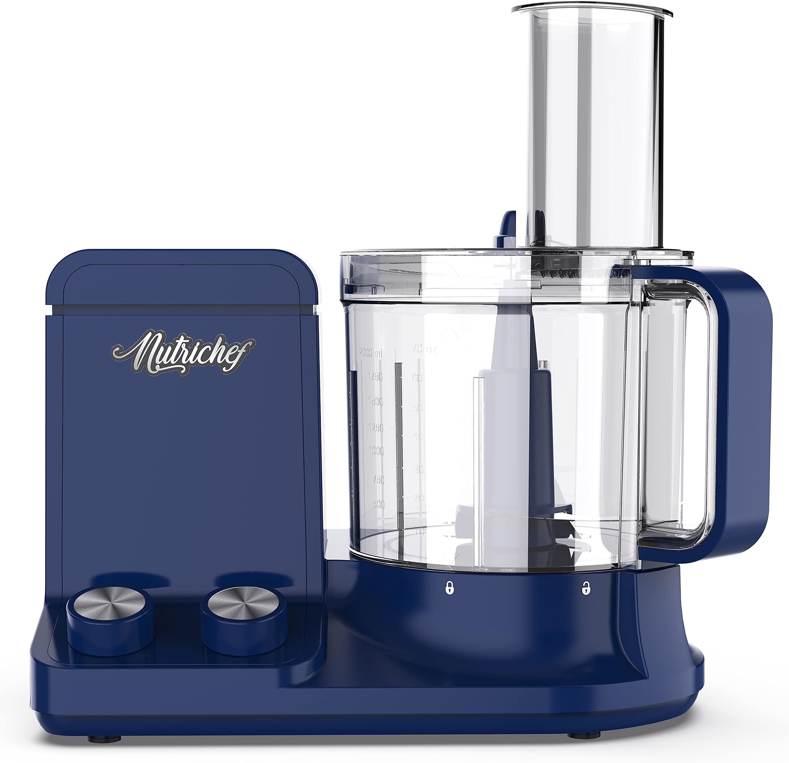NutriChef Food Processor 2 Liter Capacity - Multipurpose & Ultra Quiet Motor - Includes 6 Attachment Blades & Silicone Feet to Prevent Slippage - 12 Cup Capacity - Pre-Set Speed For Easy Use - Blue