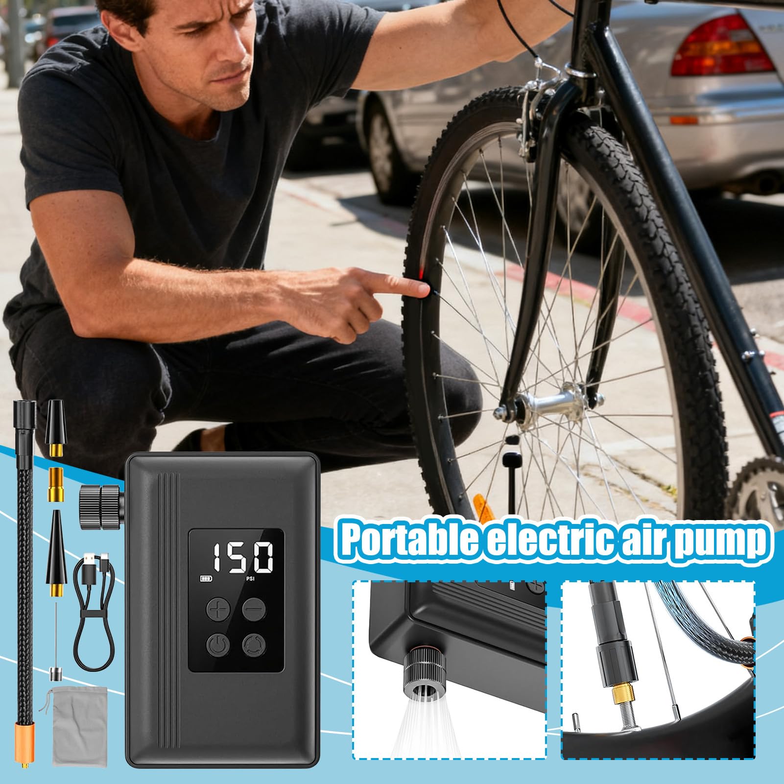 Pompa per Biciclette Spegnimento Automatico Ricaricabile Con Manometro | Gonfiatore Elettrico Per Bici E Pneumatici Portatile Per Ciclismo Urbano Palloncini Palloni Gonfiabili Casa Viaggio Campegg
