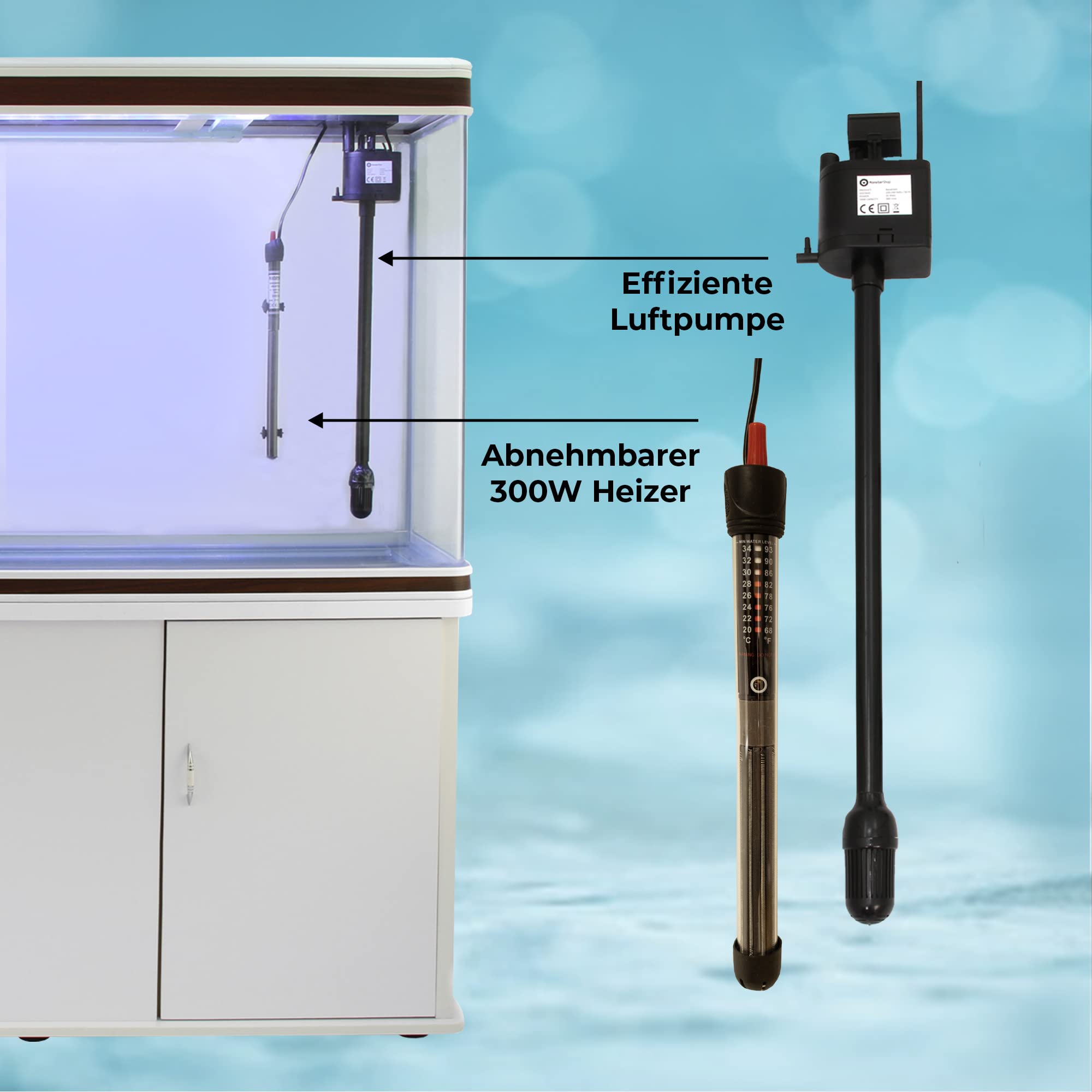 Akwarium Kompletne 300 litrów na białym meblu z diodami LED [pompa, filtry, rośliny i akcesoria w zestawie] Akwarium Ryby - Dekoracyjny niebieski żwir Wymiary 120,5 x 39 cm i wysokość 143 cm