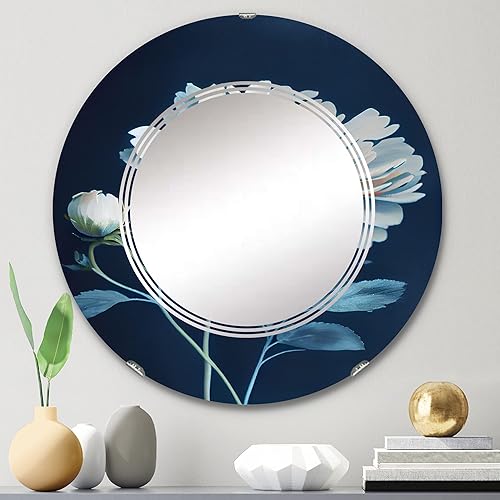 Miniatura 2 de Single White Blooming Wildflower On Retro Blue II- Vanity Mirror, Bathroom Mirrors, Wall Mirrors for Living Room, Bedroom - Round Mirror - Large