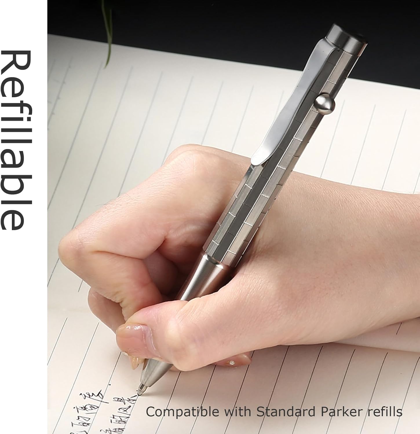 Hamans Titanium Bolt Action Pen 4.92" with Pocket Clip Refillable Ballpoint Pen Compatible with Standard Parker Refill