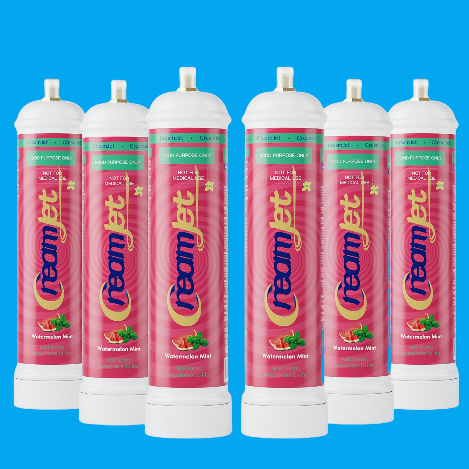 CreamJet 640g Nitrous Oxide Whipped Cream Chargers Food Grade 0.95L N2O Nitrous Tank Equivalent to 80 Cream Capsules Nos Gas Cylinder with Free Nozzle (Watermelon Mint Flavor, 6 Cylinders)