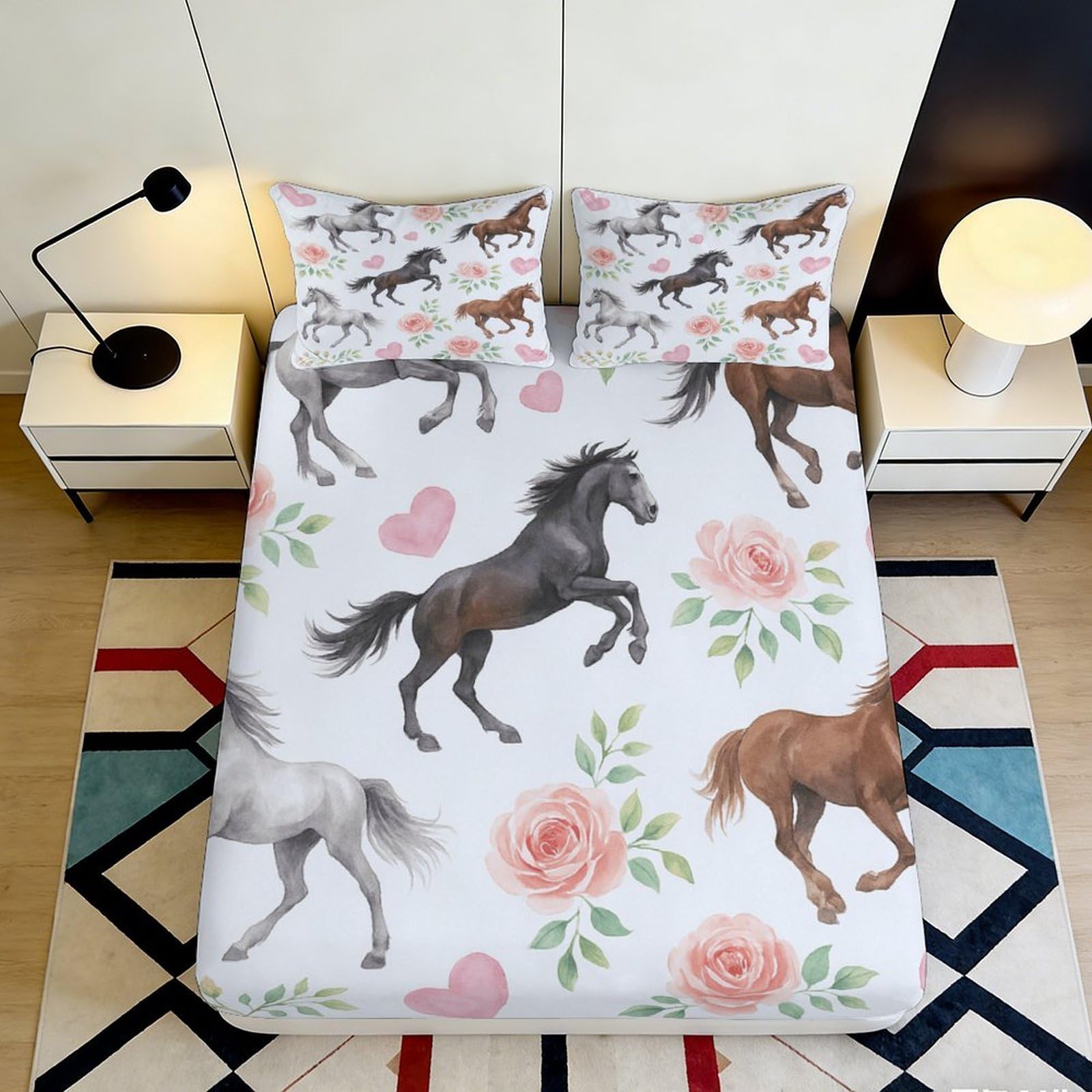 Pnayamiorkfel Style-1 3D Printed Horse Floral Fitted Sheet Microfiber Anti-Slip Mattress Cover For Bedroom Guestroom Easy Care Dustproof 90X200x25cm