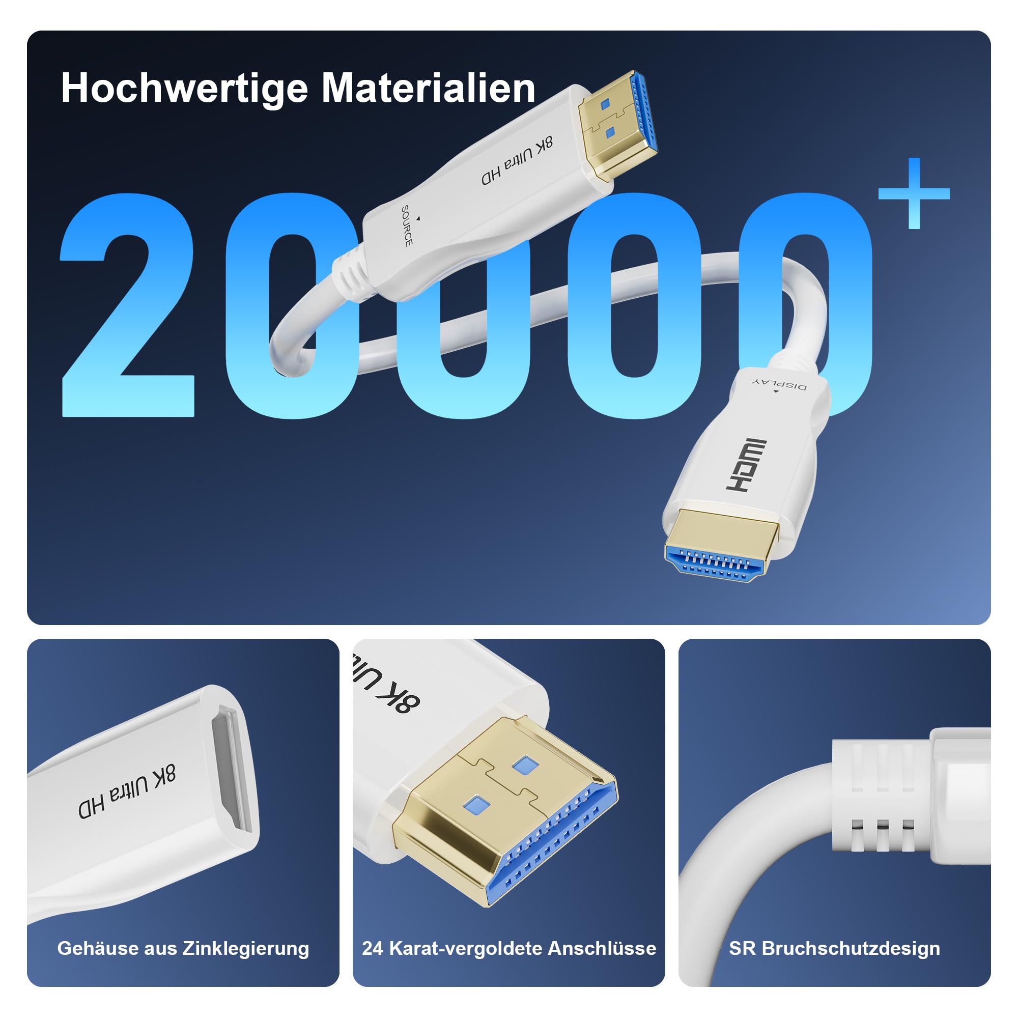 Cavo in fibra ottica HDMI 8K, 30 m, 48 Gbps, ad alta velocità, cavo HDMI ad alta velocità, 8 K@60 Hz, 4 K@120 Hz, HDR10 eARC 3D HDCP 2.3, compatibile con laptop, compatibile con HDTV