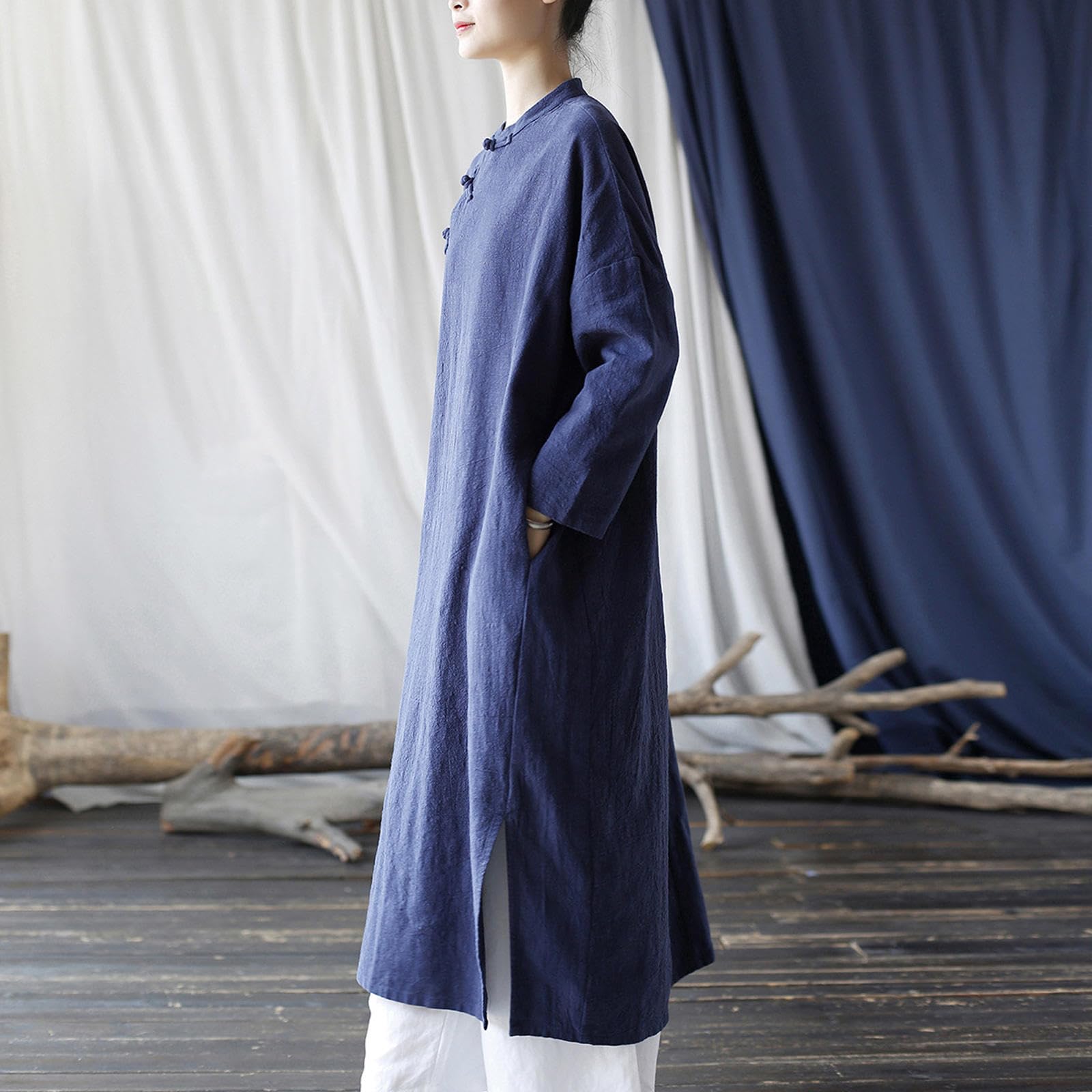 Traditionelle Chinesische Damenkleidung, Retro-Tai-Chi-Uniform, Cheongsam-Kleid mit Langen Ärmeln, Lockere Kung-Fu-Kleidung für Zen-Meditation,Blue-OneSize