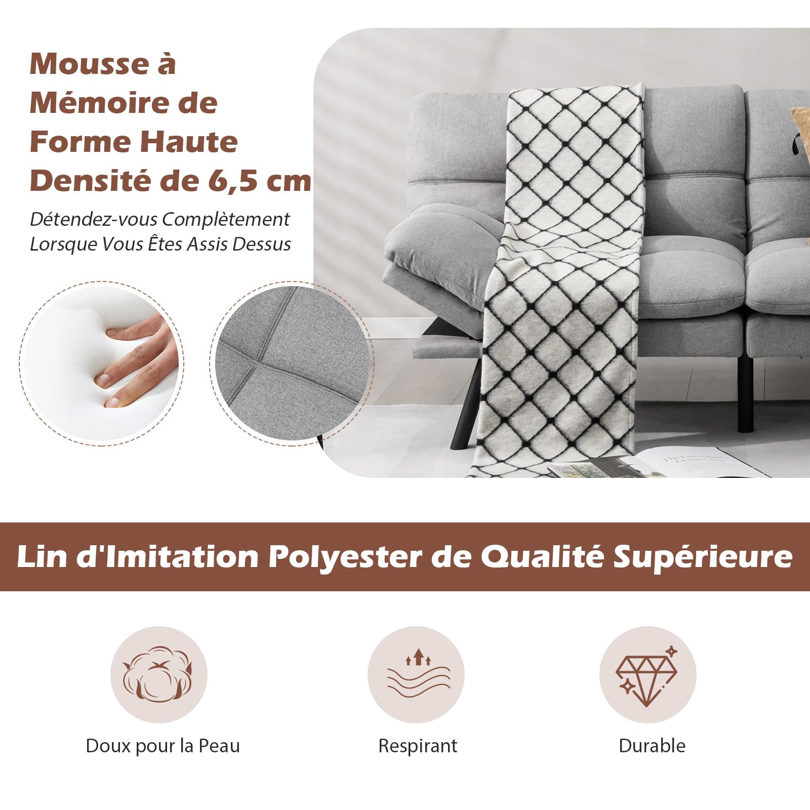 COSTWAY Canapé-Lit Convertible 5 en 1 avec Dossier et Accoudoirs Réglables, Canapé Futon 3 Places en Mousse à Mémoire, Pieds Métalliques, pour Petits Appartements, Salon, Bureau, Charge 273 kg (Gris)