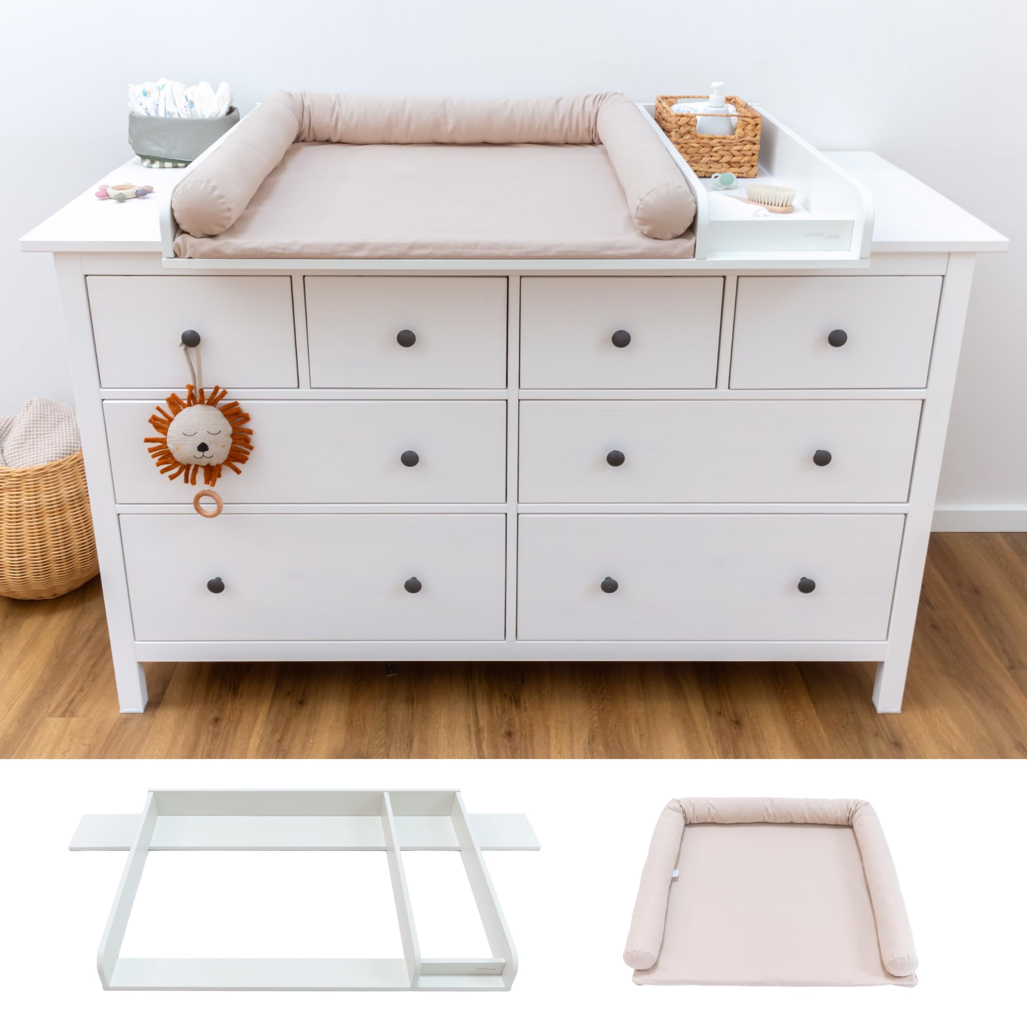 Wickelaufsatz Set für IKEA HEMNES – mit Aufsatz, Wickelauflage & Umrandung aus 100% Baumwolle (Pure Beige, 160 cm Aufsatz & Auflage)