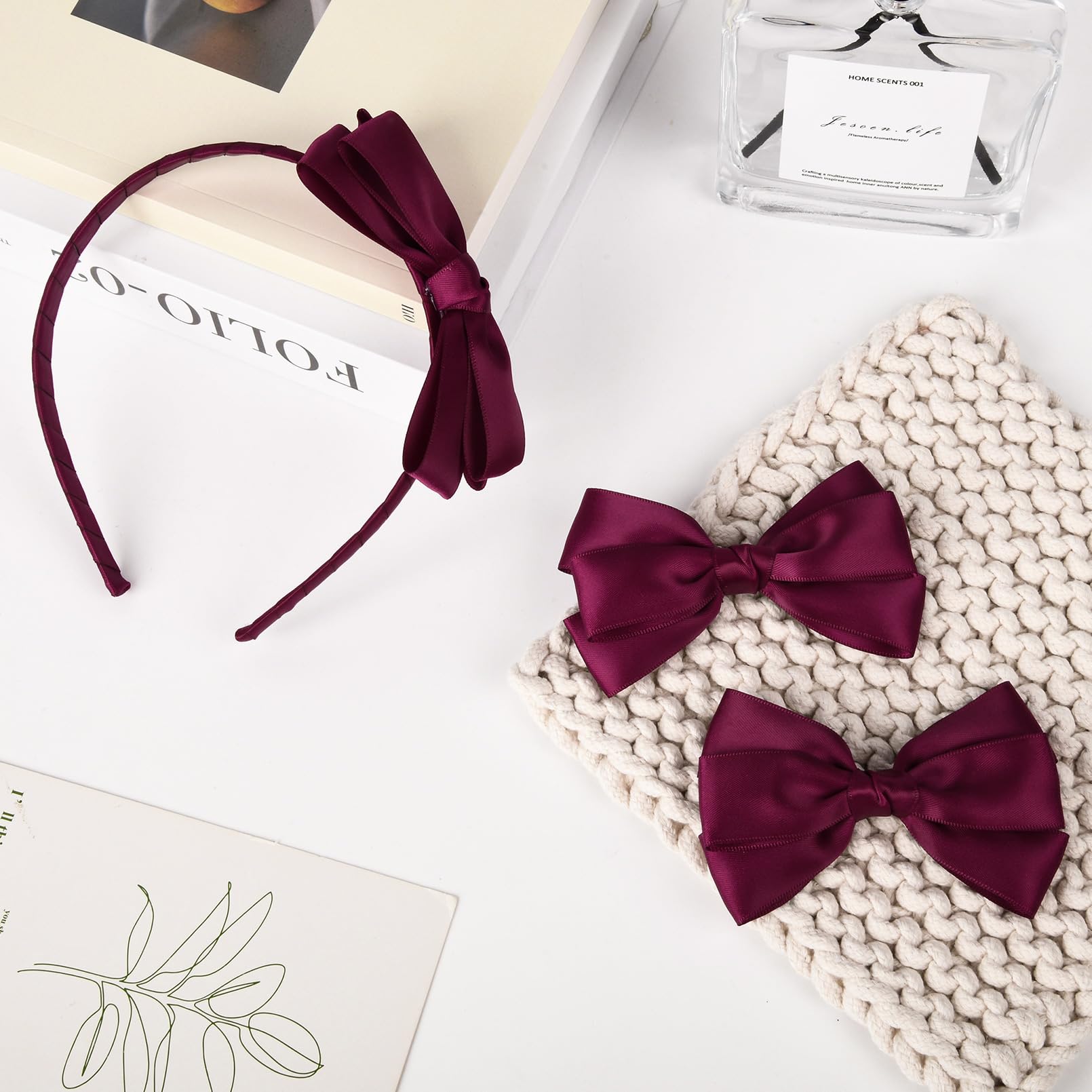 Amazon.com : DEEKA Burgundy Bow Headband & 2 Pcs Satin 4  display picture 3