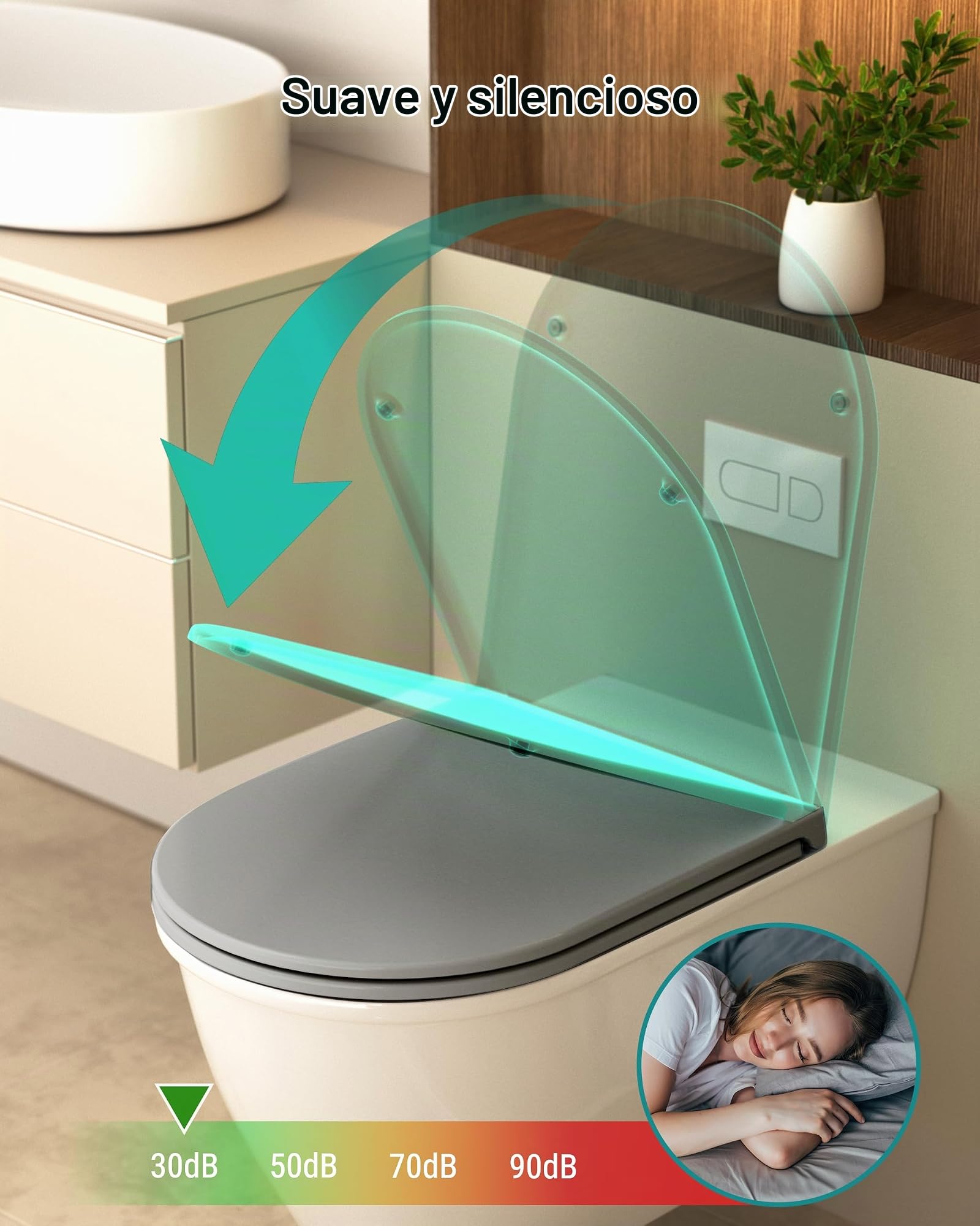 HySail Tapa WC Universal Con Cierre Amortiguado – Ecológica, Resistente a la Decoloración, Con Liberación Rápida Para una Limpieza Fácil (Gris, Forma en D Alargada)