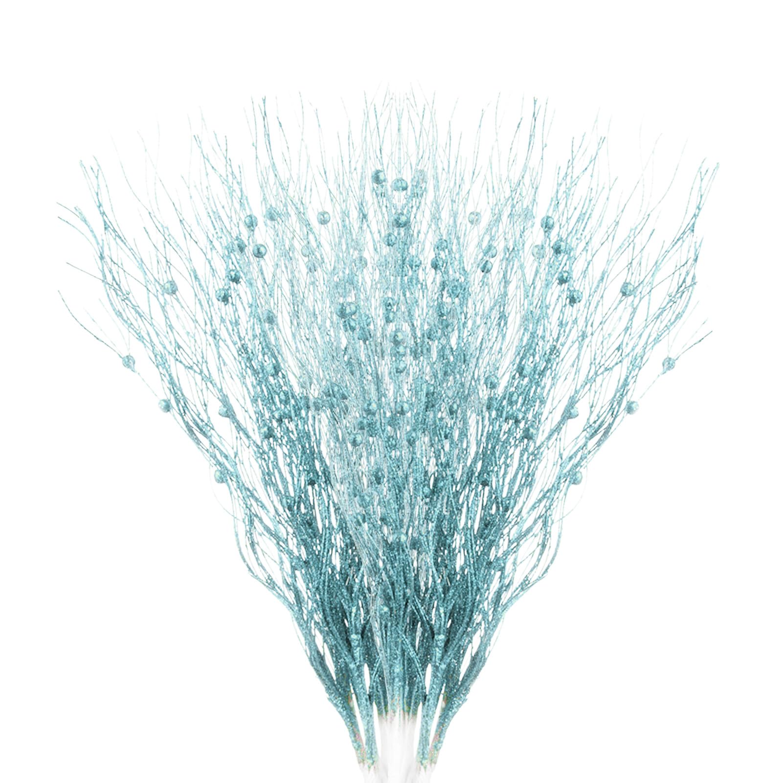 Pcscevcr 16Pcs Artificial Glitter Berry Stems, 43cm/17inch Christmas Tree Picks Twigs Faux Glitter Berry Branches, for DIY Xmas Tree Wreath Crafts Holiday Floral Arrangement (Light Blue)