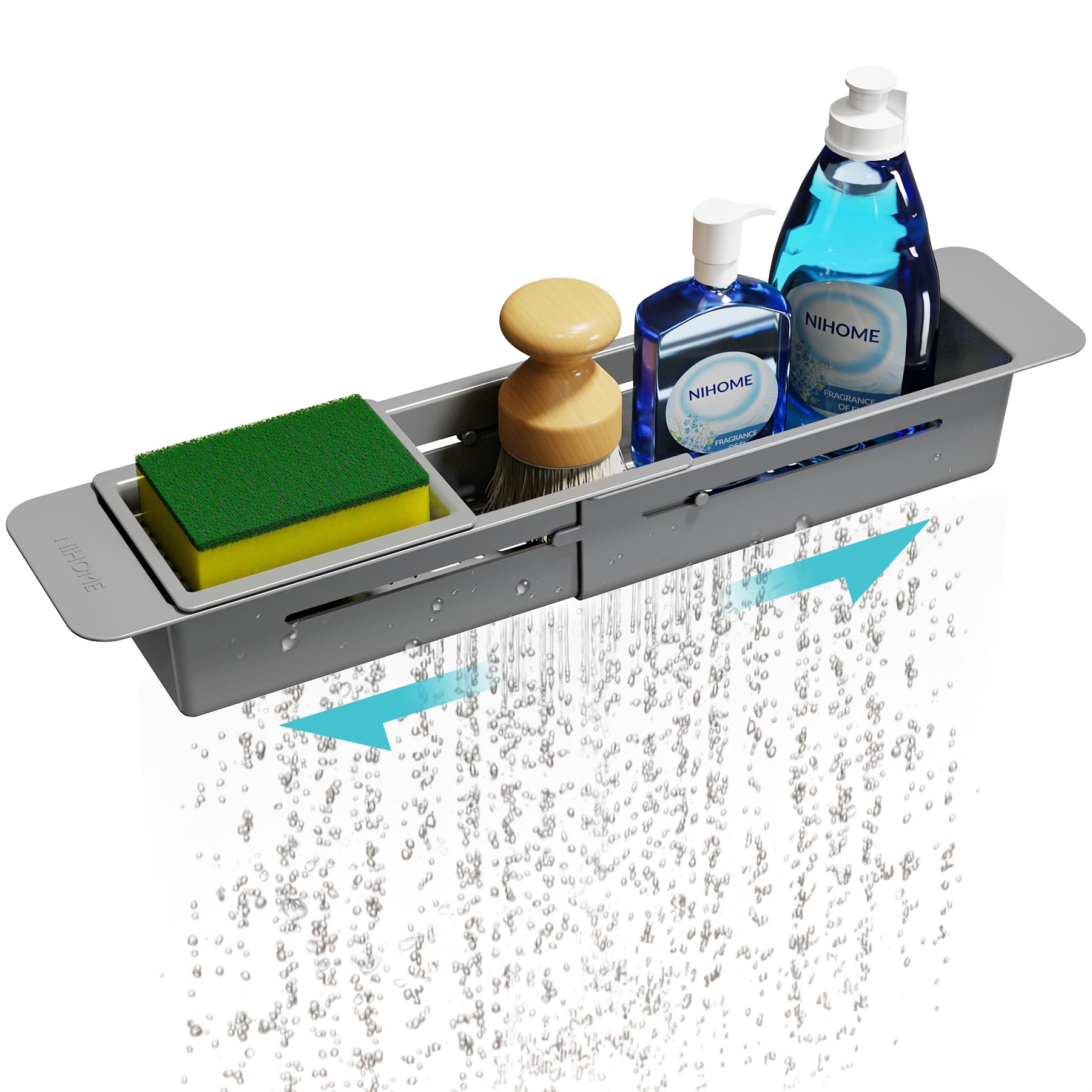 NiHome Extendable Over Sink Kitchen Organizer, Small Telescopic Brush Storage Rack for Sponge, Non-Slip Pads Expandable Sink Caddy, Adjustable Sponge/Brush Rack with Drainage Durable ABS (Dark Gray) â image 1