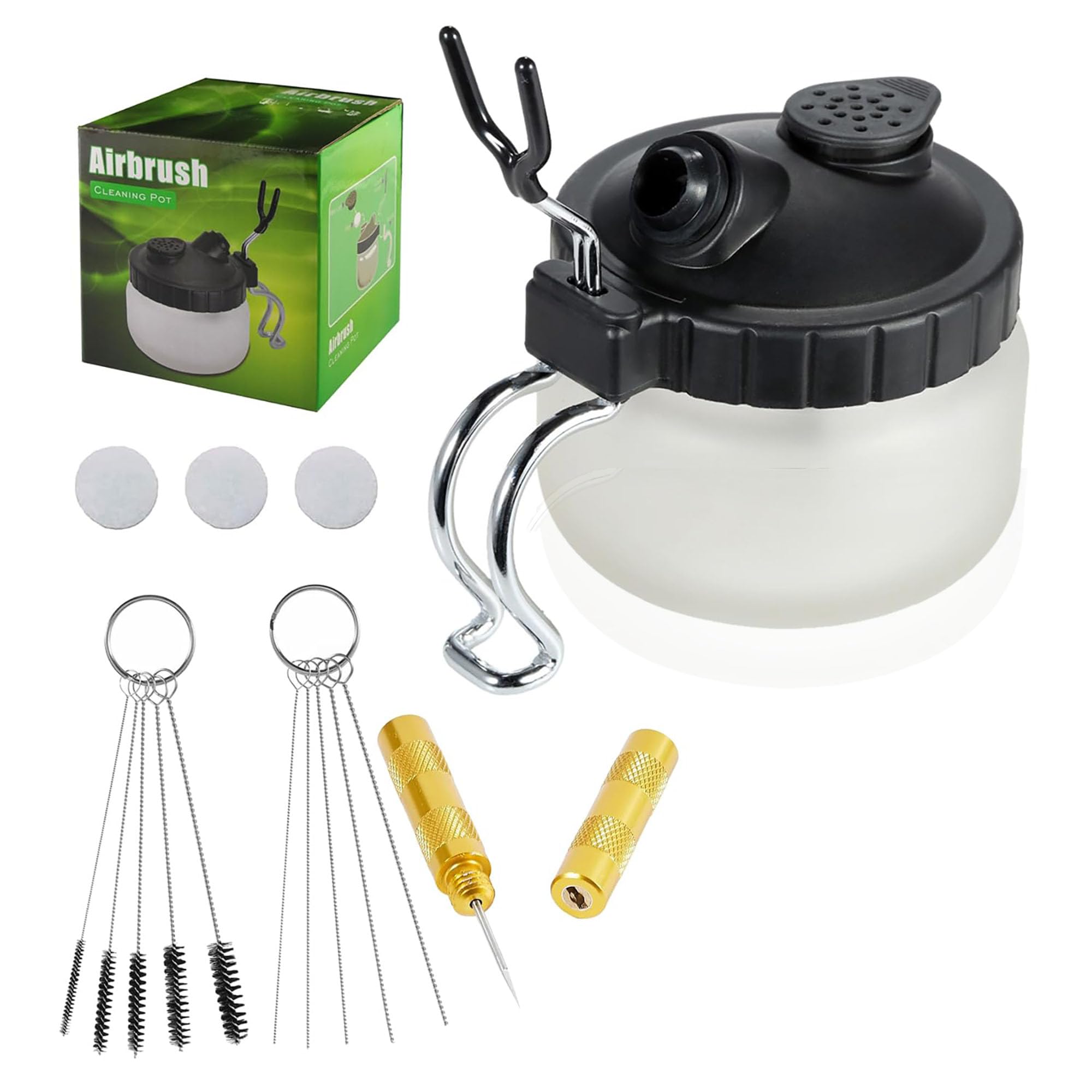 Airbrush Cleaning Kit AILHOMEWELL Airbrush Clean Pot Glass Cleaning Jar with Holder 5pc Cleaning Needles/5pc Cleaning Brushes/1 Wash Needle/3 Extra Filters (15in1 airbrush cleaning kit)