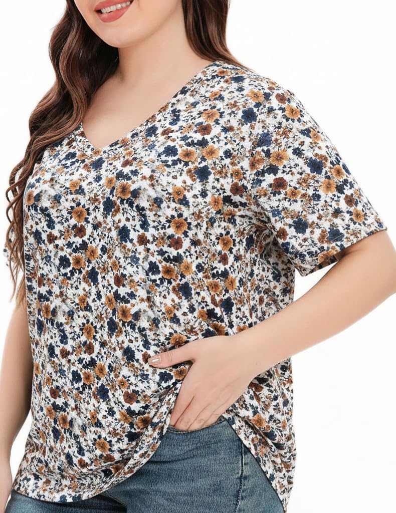 Womens Plus Size Tops Summer Short Sleeve Casual Loose Tunic V Neck Tee T Shirts 1X-5X
