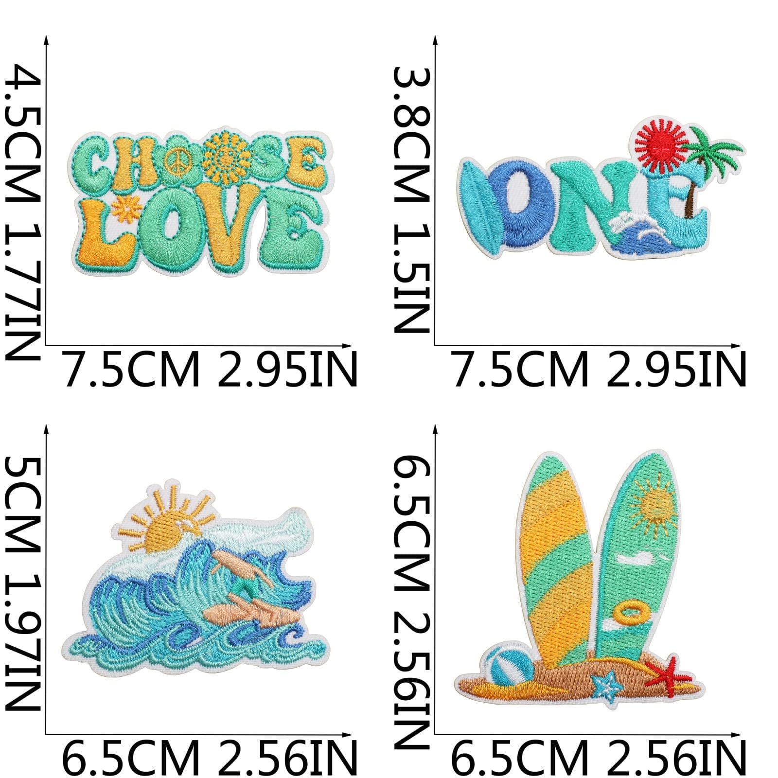 Juego de 10 parches bordados con temática de playa de verano con diseños de tabla de surf y ondas. Hecho por costura por computadora. Bueno para decorar coches de playa, tablas de surf o hacer