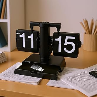 Flip Clock, Retro Flip Vintage Desk Table Clock Large Number Battery Powered Internal Gear Operated Home Décor Ideal for Home Office School Hotel Café with Retro Decor (Black With Square Base)