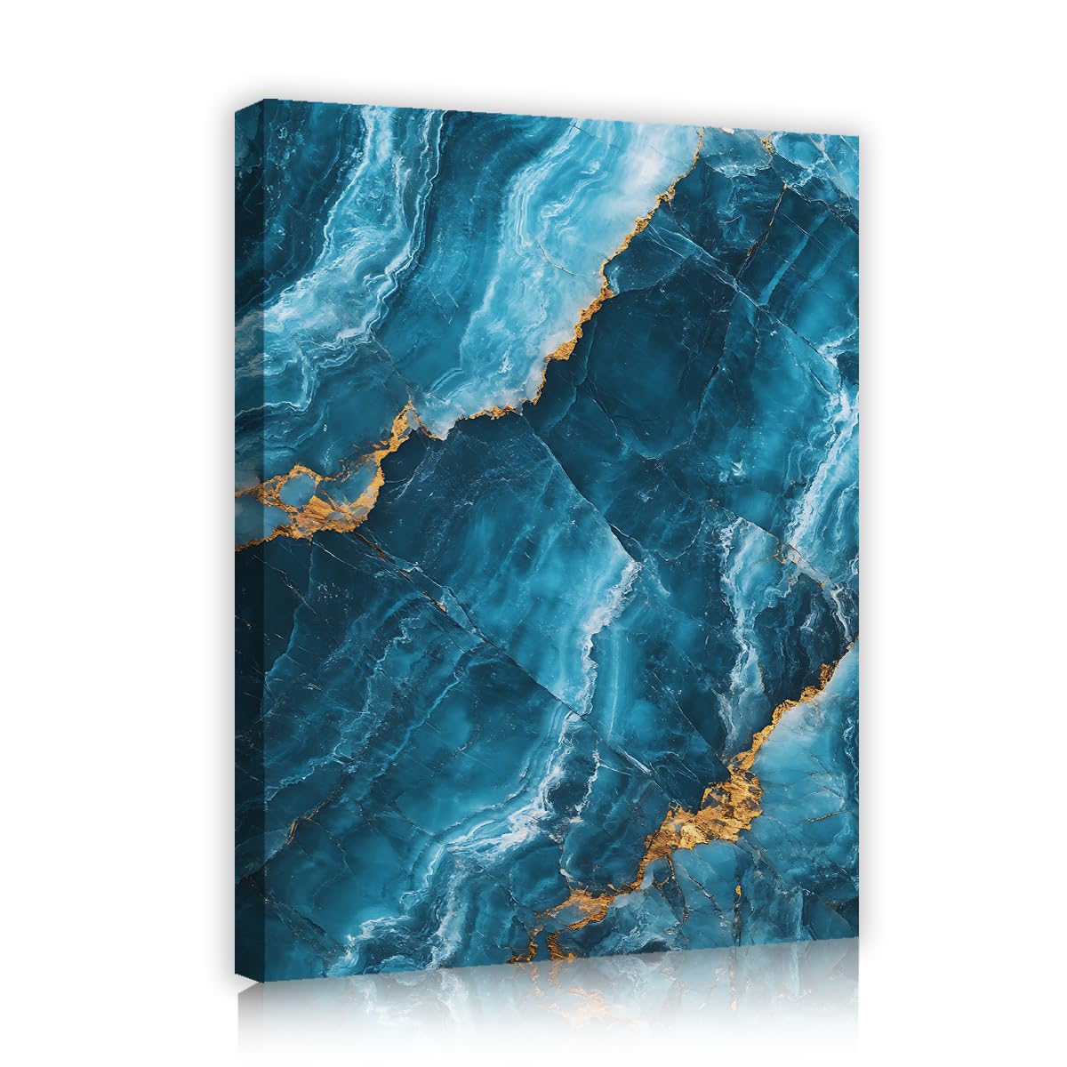 TOANGWALL Cyan Ocean Canvas Wall Art Entryway Golden Faults Framed Poster Prints Turquoise Sea Waves Abstract Painting Artwork for Coffee Decor 70x85cm