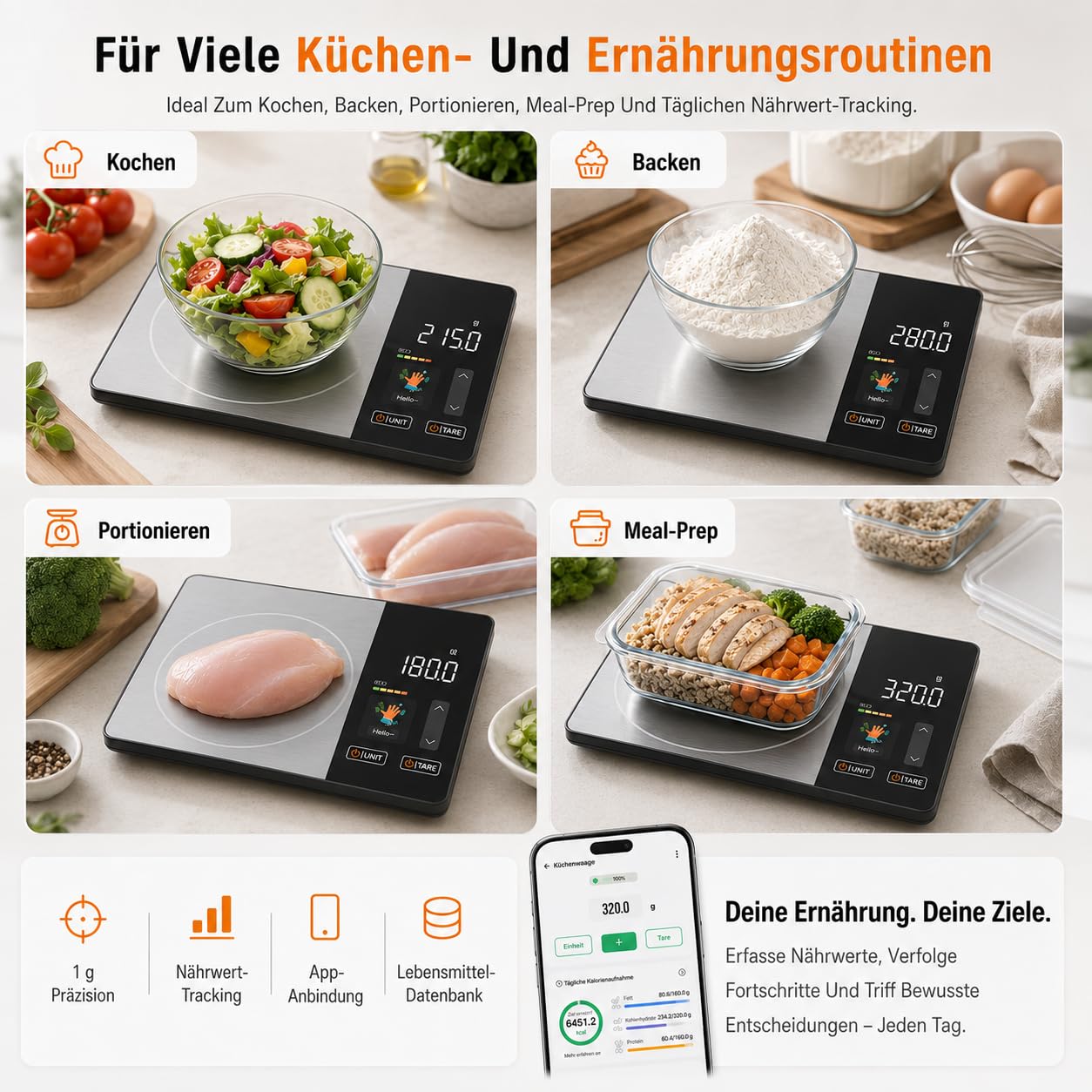 Smartvita Küchenwaage- Smarte Ernährungswaage Mit Präziser Messung Für Kalorien Portionen Backen Kochen Kaffee Und Edelstahl Küche