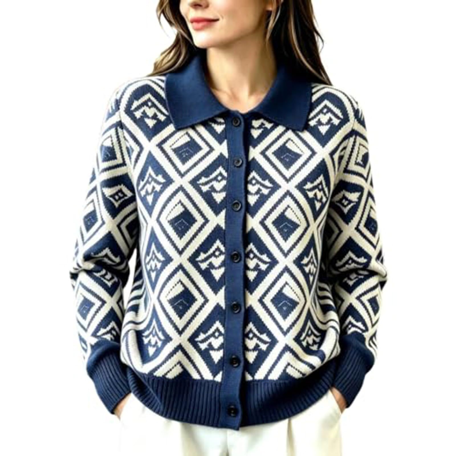 Cardigan da donna con colletto, motivo geometrico, abbottonatura, maniche lunghe, casual, invernale, corto, lavorato a maglia grossa