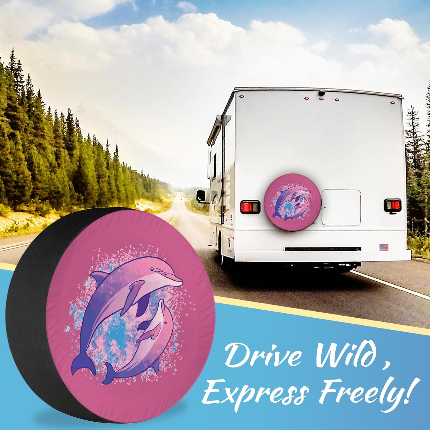 Pink Dolphins Spare RV Tire Cover Funny – Elevate Your Ride with Our SUV Camping Accessories Weatherproof Defense for RV, SUV Outdoor Travel | 14 Inch image 2