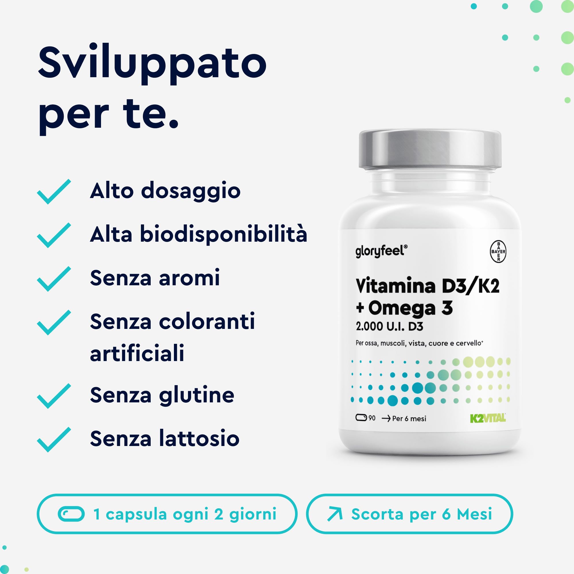 Vitamina D3 + K2 + Omega 3, 90 Capsule Softgel, Eletto PRODOTTO DELL'ANNO 2025, 2000UI Vitamin D, 100 µg Vitamina K (K2VITAL® di Kappa), 1000mg Olio di Pesce 400mg EPA e 300mg DHA