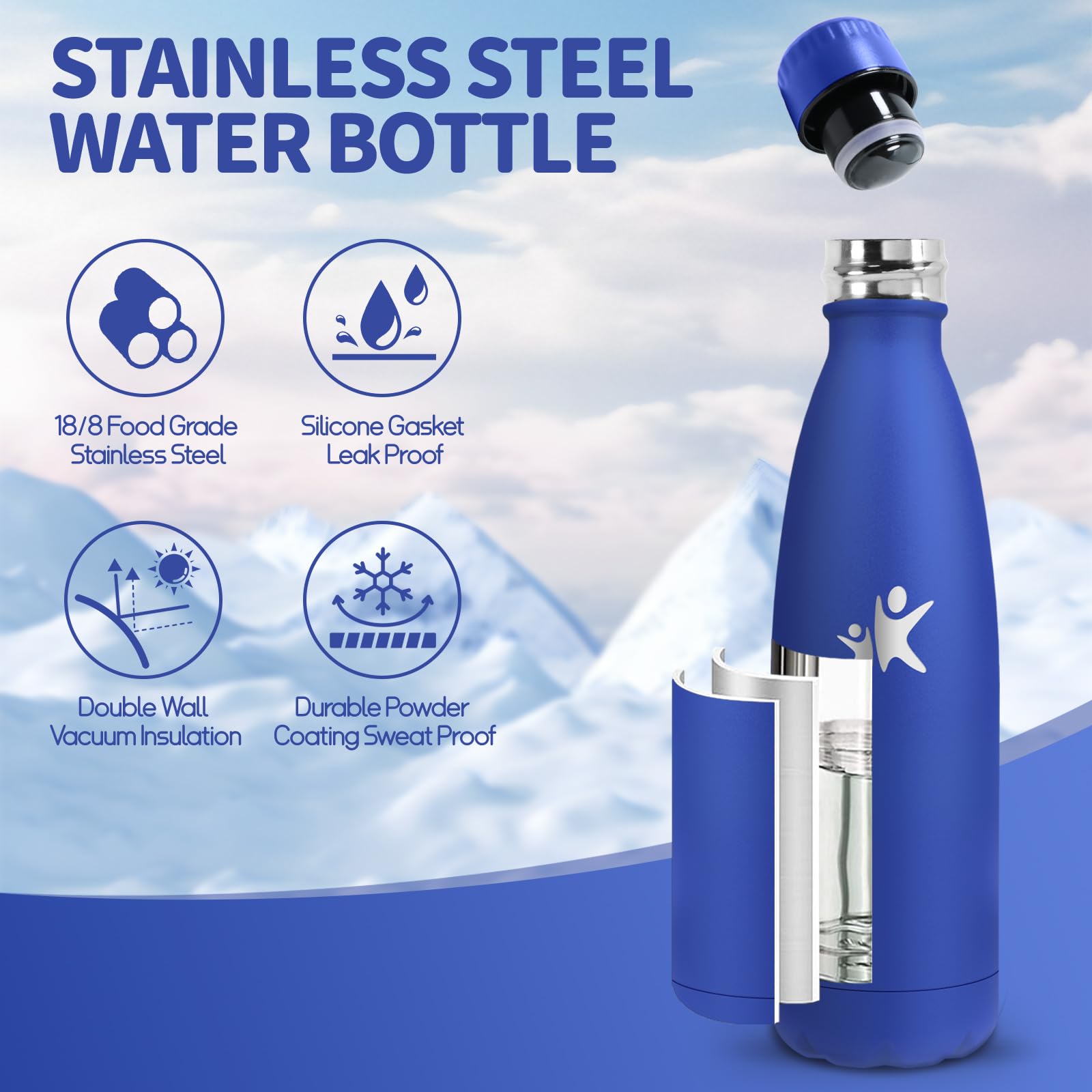 Borraccia Termica, 750 ml Senza BPA, Borraccia, 304 Acciaio Inossidabile, Bottiglia Termica, Isolamento Sottovuoto a Doppia Parete, Bottiglia Metallo per Cucina, Campeggio, Palestra - Blu reale