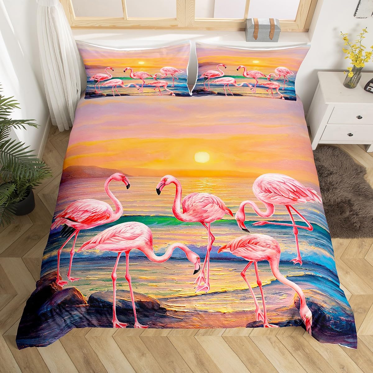 richhome Pink Flamingo Kids Duvet Cover Set Single Size,Sunset Summer Beach Hawaii Bedding Set,Teens Adults Bedroom Decor,America Tropical Animals Comforter Cover,Romantic Quilt Cover,1 Pillowcase