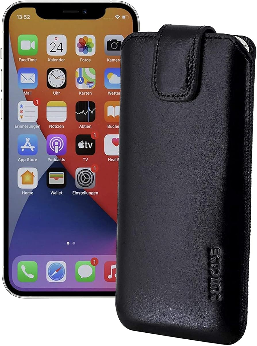Suncase Funda de piel con pestaña retráctil y cierre magnético para iPhone 13 Mini (5,4 pulgadas), color negro