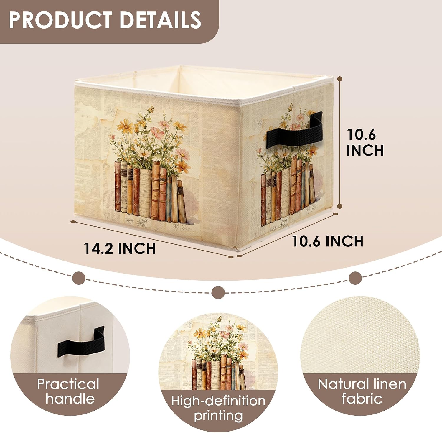 Floral Bookish Storage Bins with Handles, Reading Room Decor, Vintage Wildflower Book Lover Collapsible Storage Box Basket Books Clothes Organizer for Reading Nook Library Home