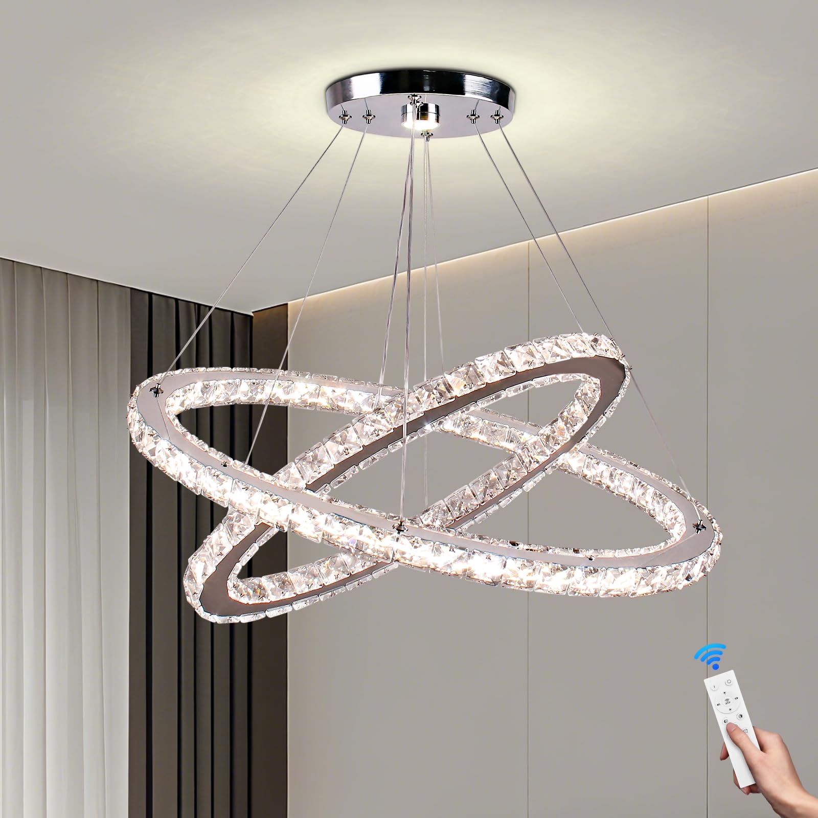 Cainjiazh LED Oval Crystal Pendant Light Dimmable Chandelier with Remote Control 2700K-6500K Height Adjustable Hanging Light for Dining Room Living Room Bedroom Kitchen Island